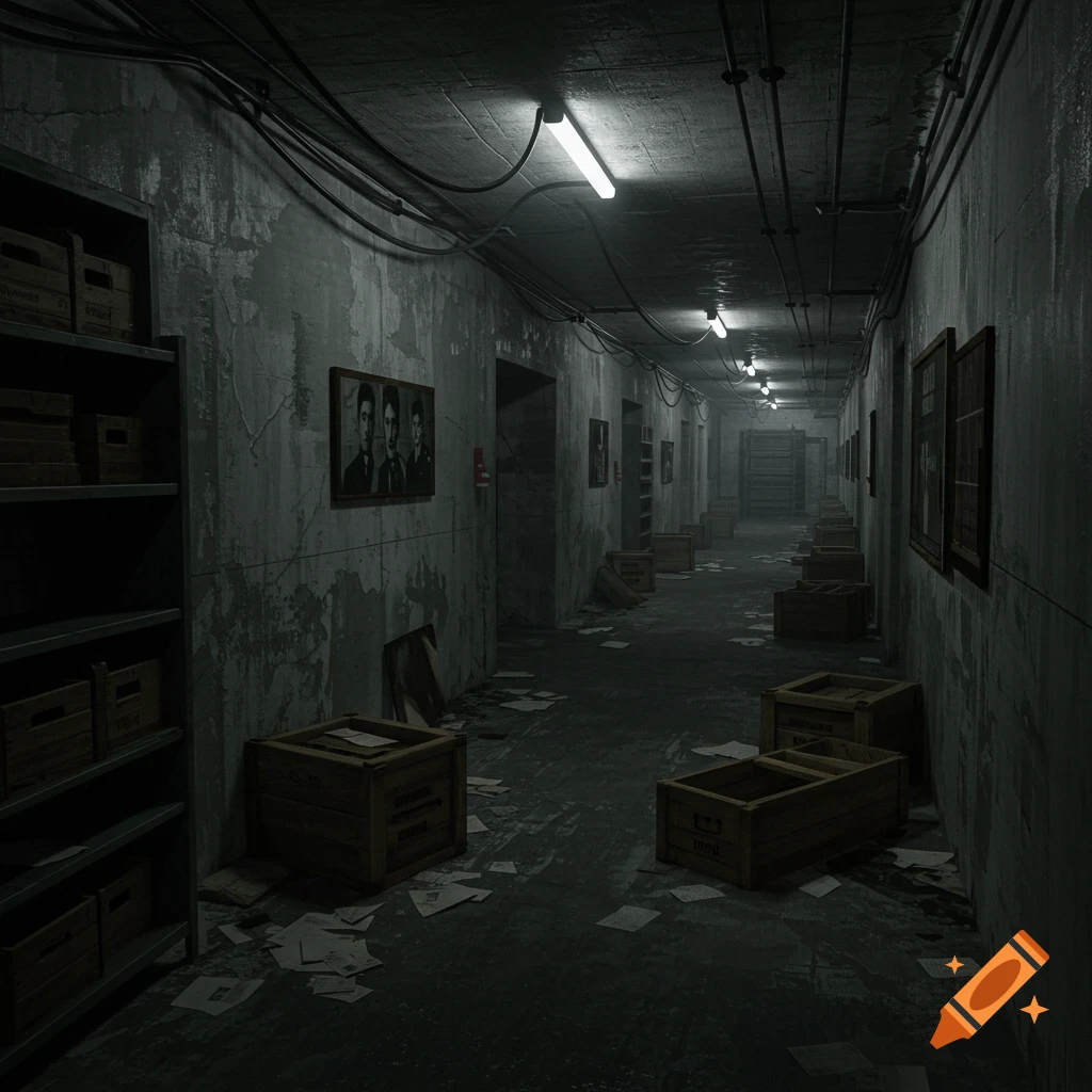A long, dimly lit, grungy hallway in an abandoned bunker, with concrete walls, exposed pipes, scattered papers, crates, and shelves.