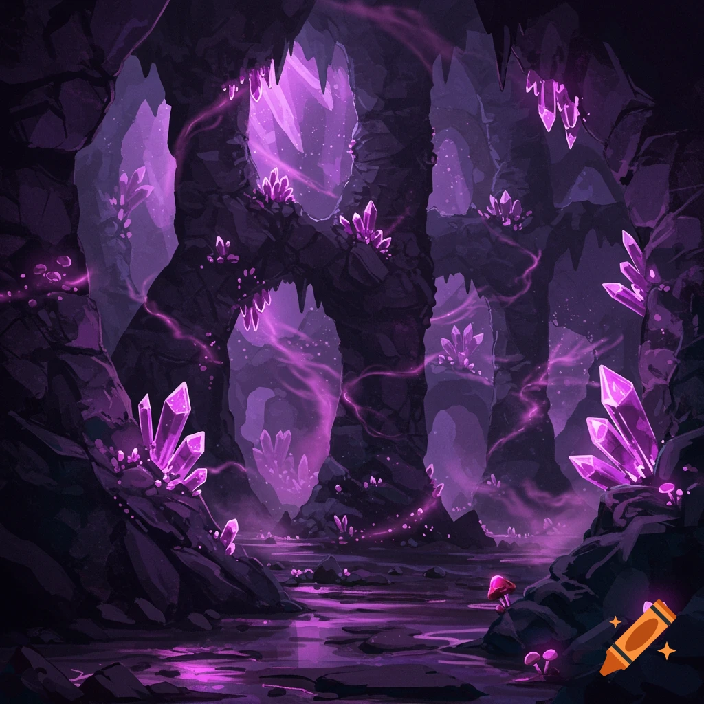 A mystical, glowing purple crystal cave with stalactites, stalagmites, and reflective water, in an illustrated fantasy style.