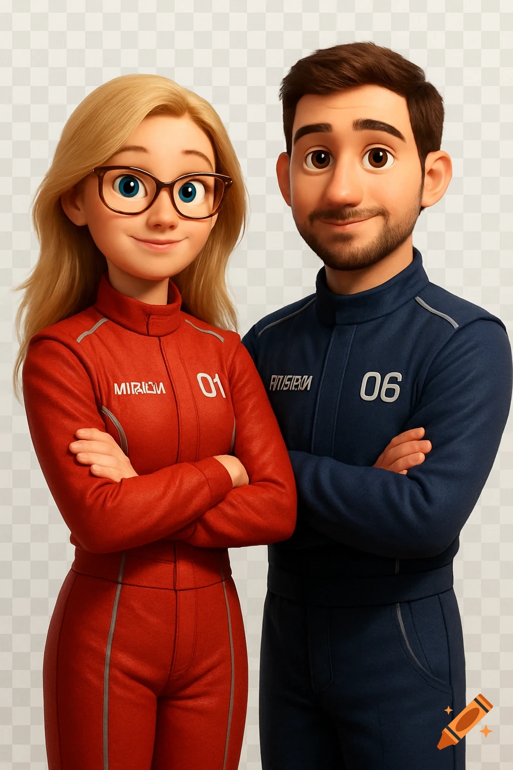 Two animated characters, a blonde woman in a red jumpsuit and a brown-haired man in a blue jumpsuit, with arms crossed against a transparent background.