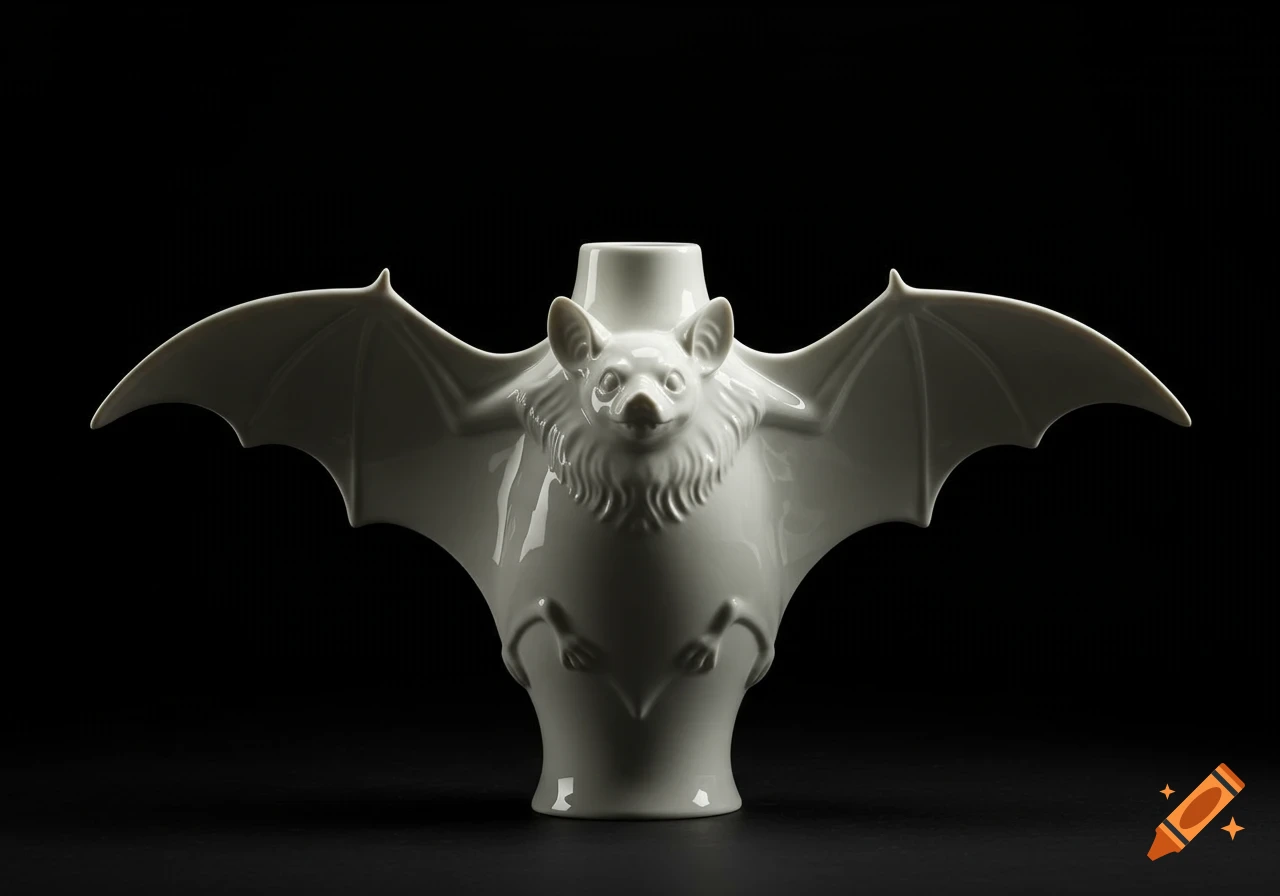 A hyperrealistic photograph of a white porcelain bat-shaped vase on a black background.