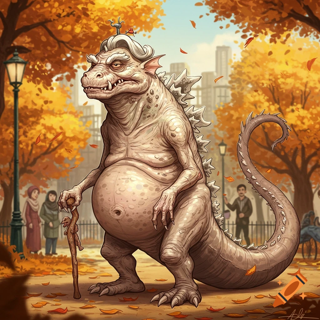 A cartoon, elderly Godzilla-like creature with a potbelly, grey hair, and a cane walks through an autumn park.