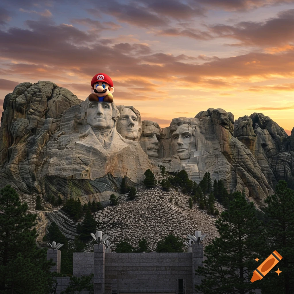 Photorealistic image of Mount Rushmore at sunset, with a large Mario character sitting on George Washington's head.