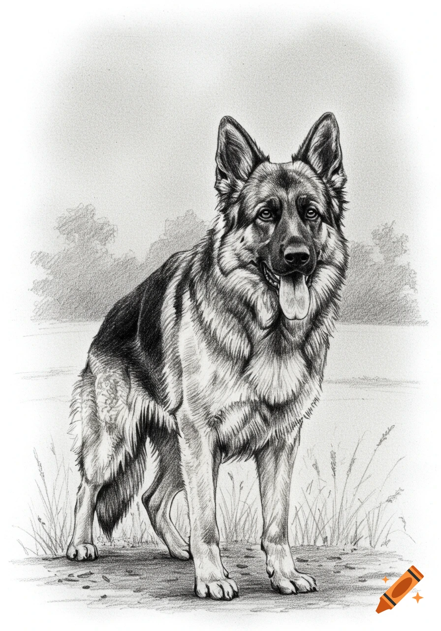 A detailed black and white pencil drawing of a German Shepherd dog standing in a field, looking forward with its tongue out.