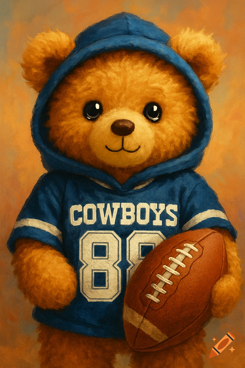 Fuzzy teddy bear in a blue hoodie and Cowboys 88 jersey, holding an American football, painterly style.