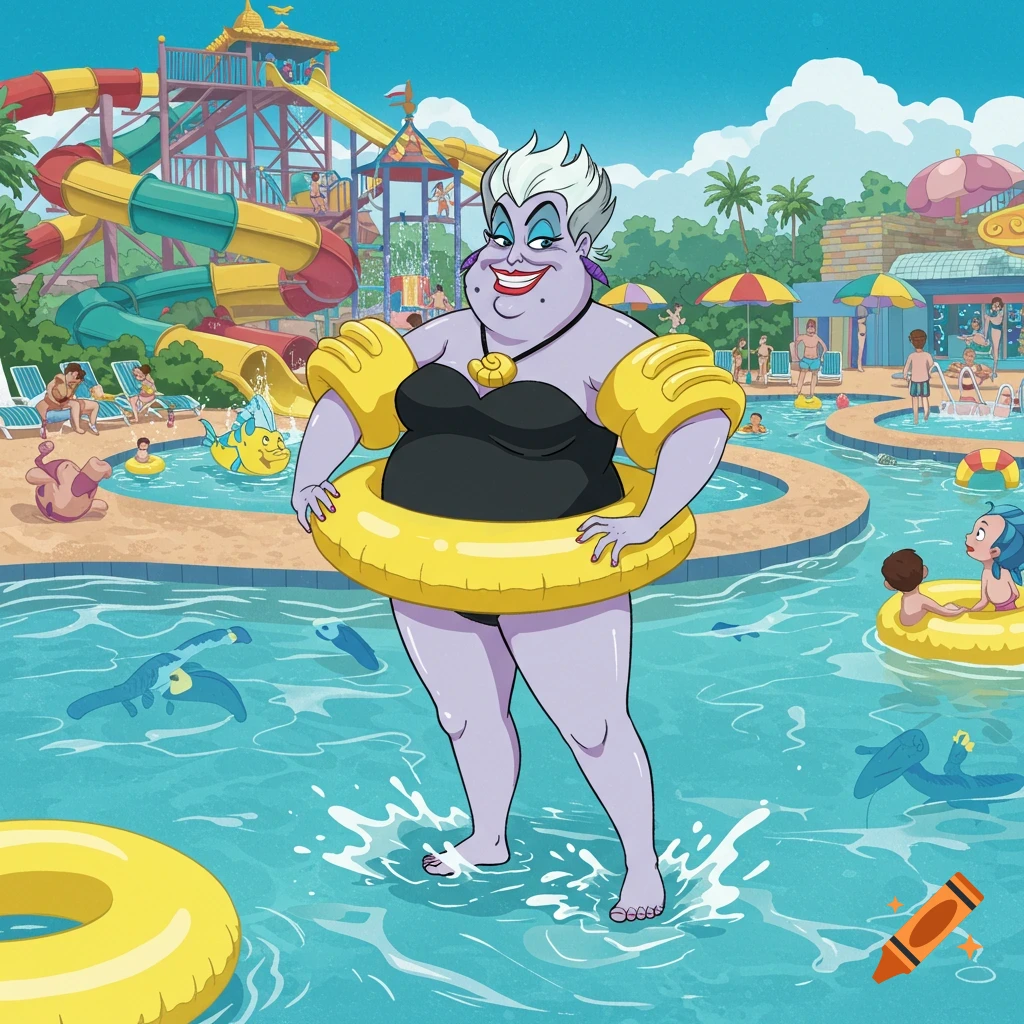 Cartoon of Ursula from The Little Mermaid with human legs, wearing a black swimsuit and yellow floaties in a busy waterpark pool.