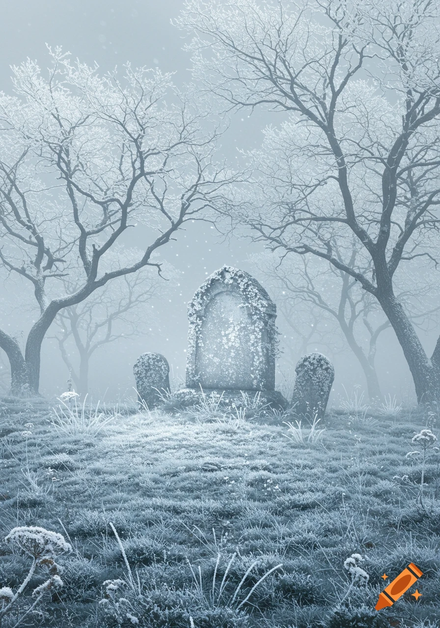 Misty winter graveyard scene with frost-covered trees and an arched tombstone surrounded by smaller graves.