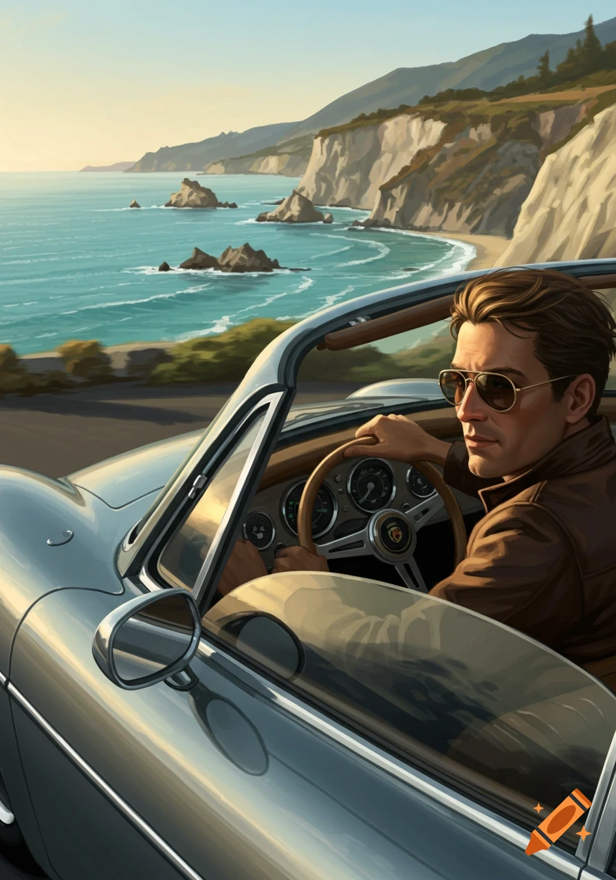 Illustrated man in sunglasses driving a silver vintage convertible car along a scenic coastal road with cliffs and ocean.