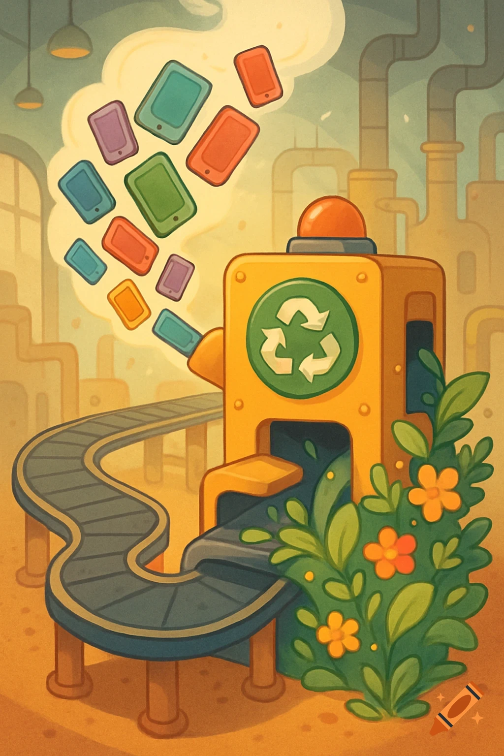 A cartoon illustration of a factory machine with a recycling logo, turning mobile phones into green plants and flowers on a conveyor belt, symbolizing electronic waste recycling.