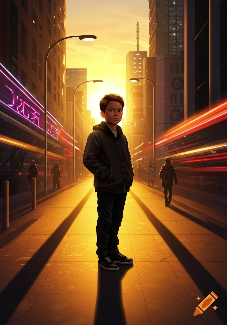 A stylized digital art image of a young boy standing in the middle of a city street at sunset, with neon signs and blurred lights.