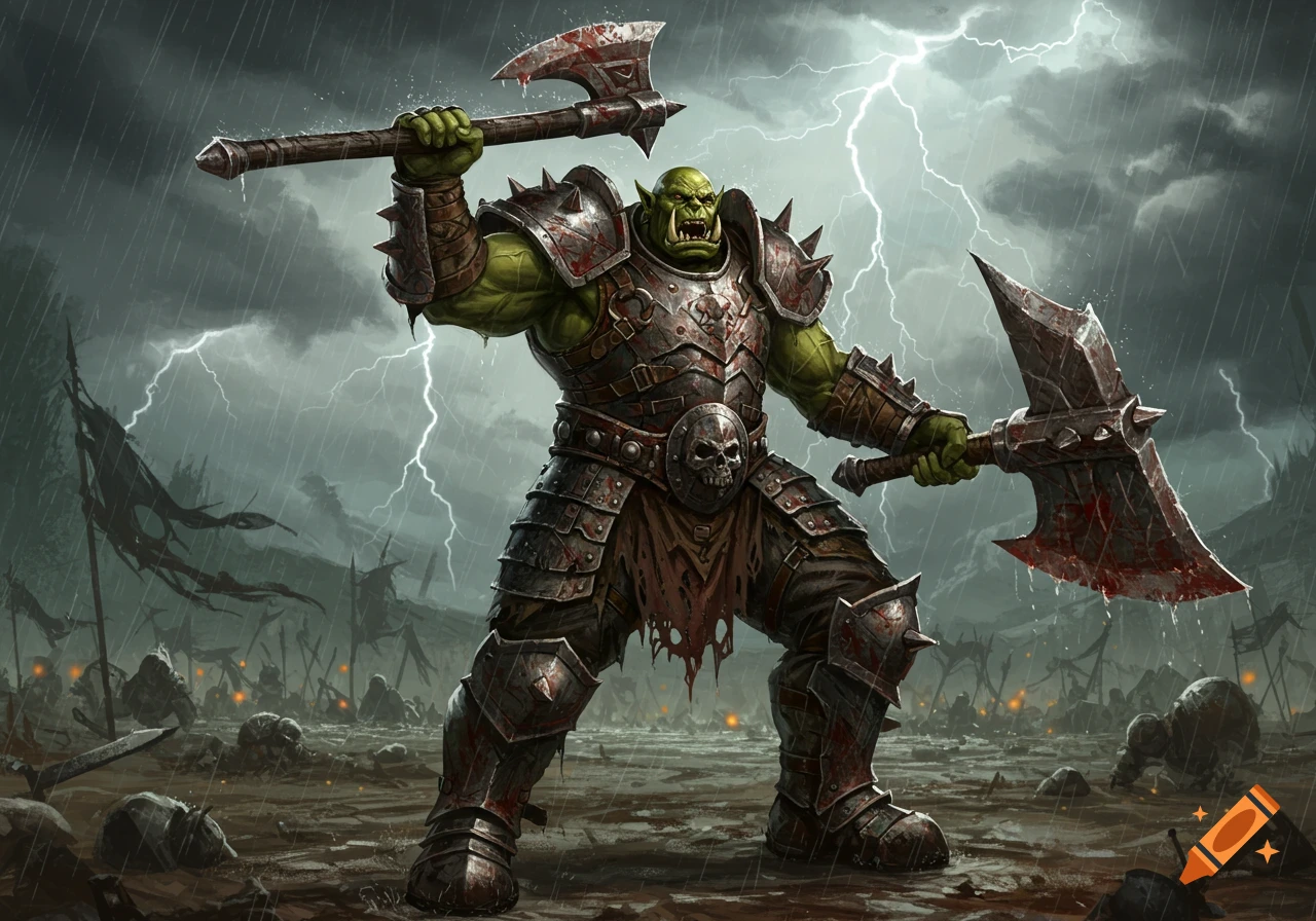 A fierce green orc warrior in spiked armor holds two bloodied axes on a stormy, lightning-streaked battlefield.