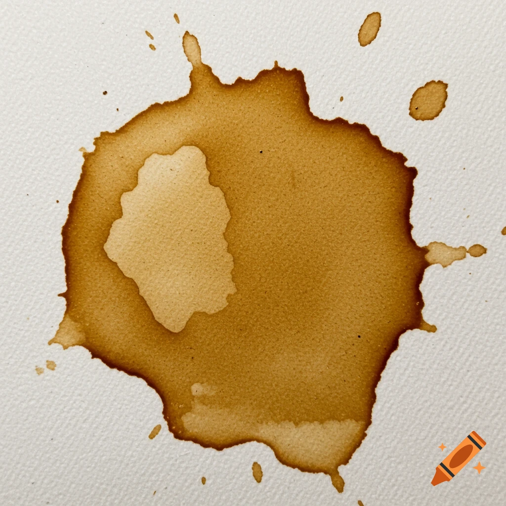 A macro photograph of an organic brown coffee stain with diffused edges on white textured fabric.