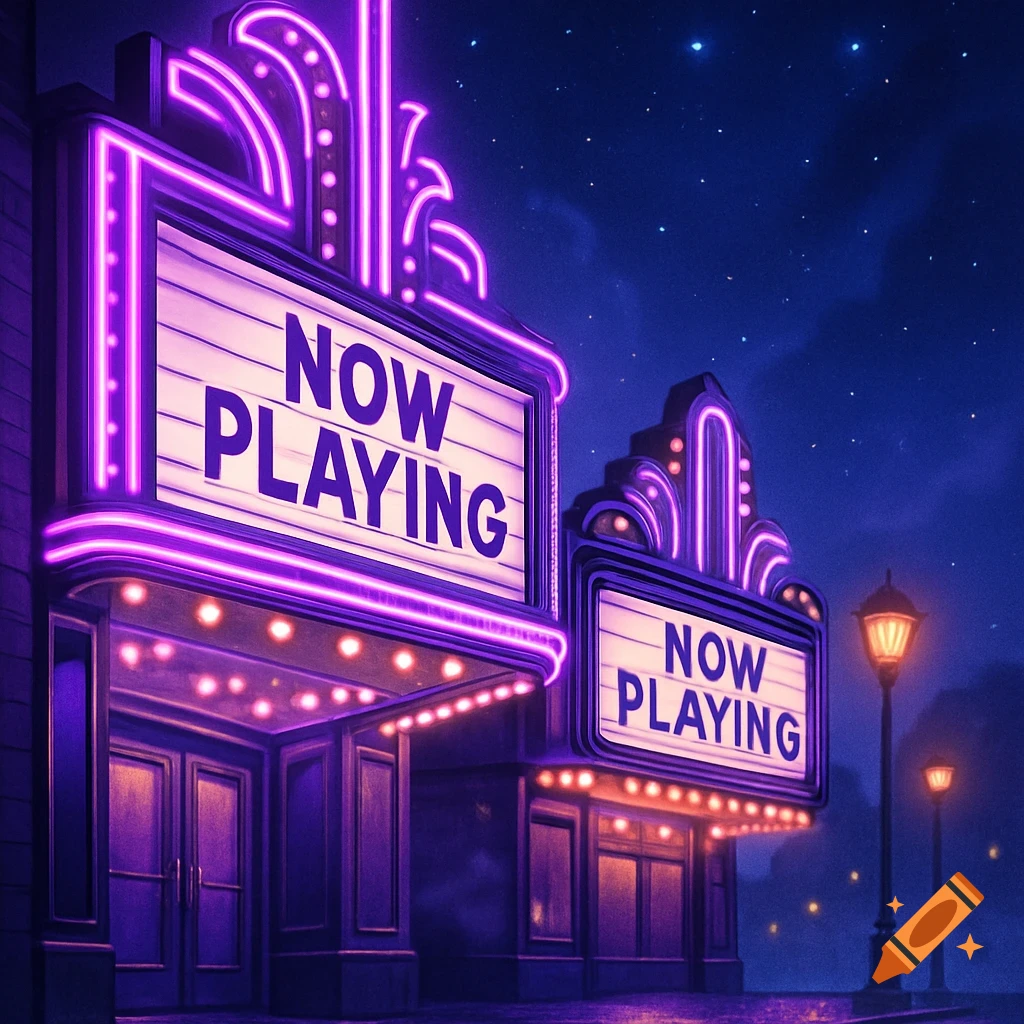 Two movie theater marquees with glowing purple neon lights displaying "NOW PLAYING" at night under a starry sky.