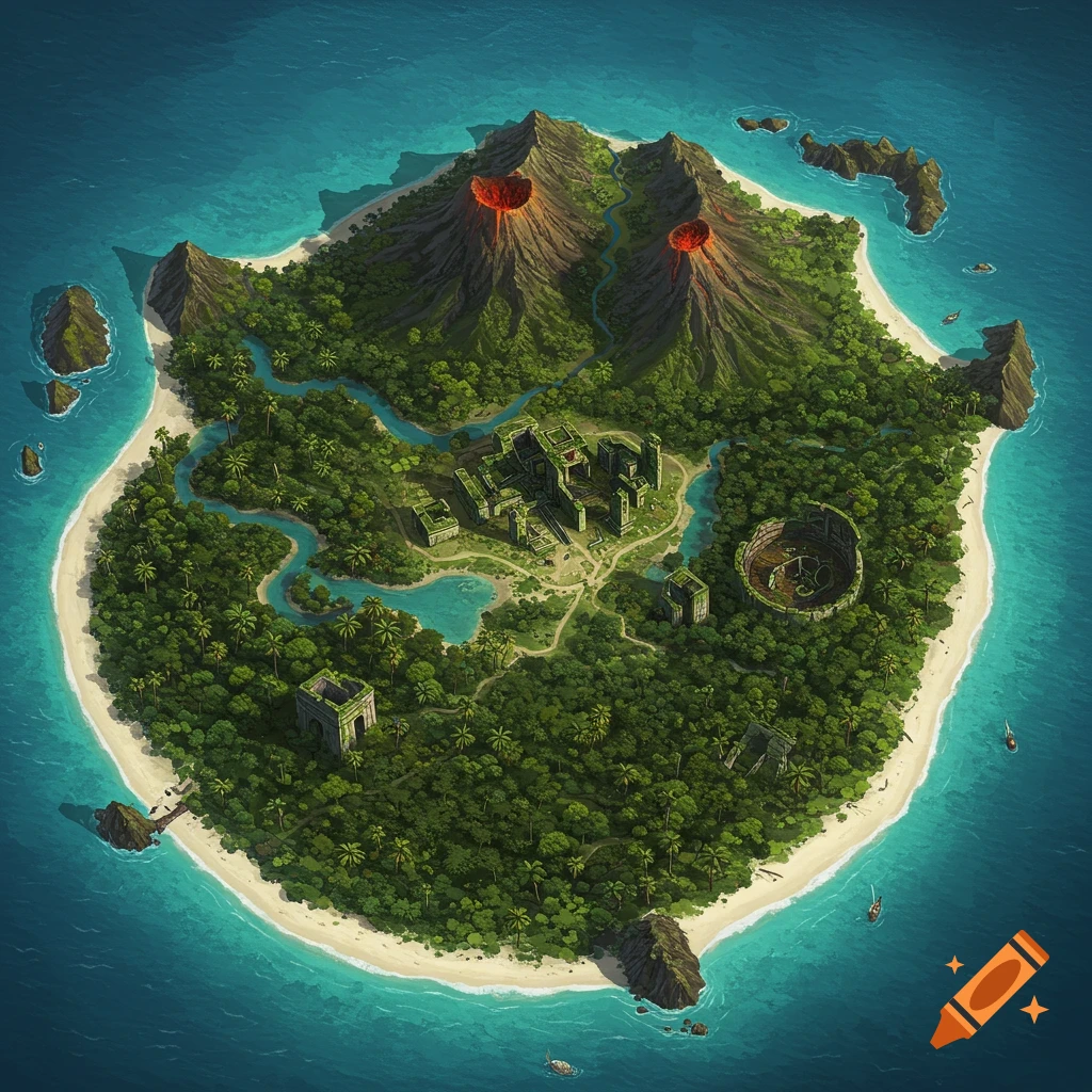 A detailed, bird's eye view of a tropical island with two erupting volcanoes, lush green forests, ancient ruins, and a sandy beach.