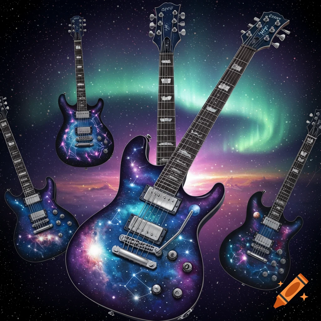 A group of electric guitars with galaxy-themed bodies and headstocks float against a background of cosmic nebulae and stars.