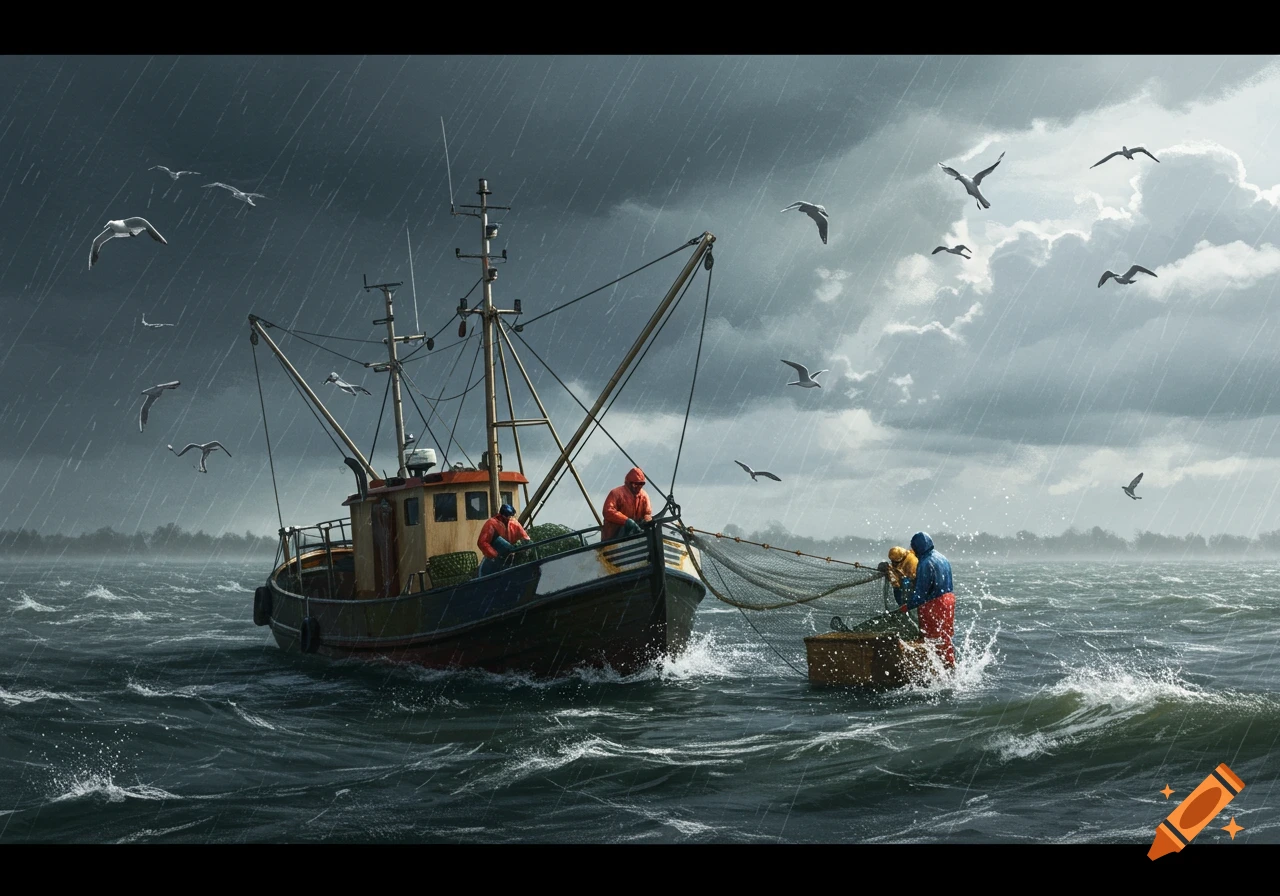 A fishing boat with fishermen on choppy water under a dark, rainy sky as seabirds fly around.