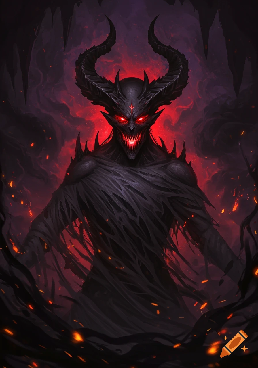 A menacing dark fantasy demon with large horns, glowing red eyes, sharp teeth, shrouded in shadowy fabric amidst red smoke and embers.