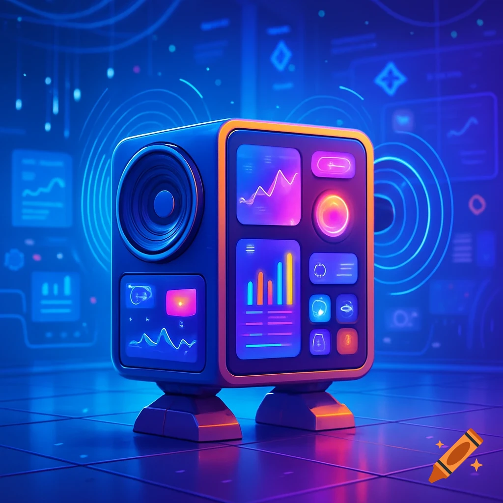 A futuristic blue box-shaped device with a speaker and multiple glowing screens showing data, in a neon blue environment.