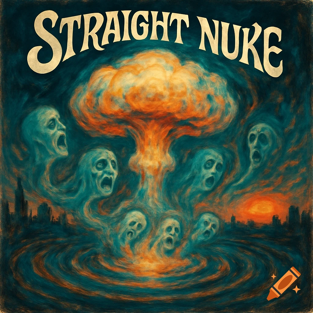 Vintage album art shows a nuclear mushroom cloud with screaming, ghostly faces emerging from the explosion, over a dark, swirling landscape and city silhouette. Text reads "STRAIGHT NUKE".