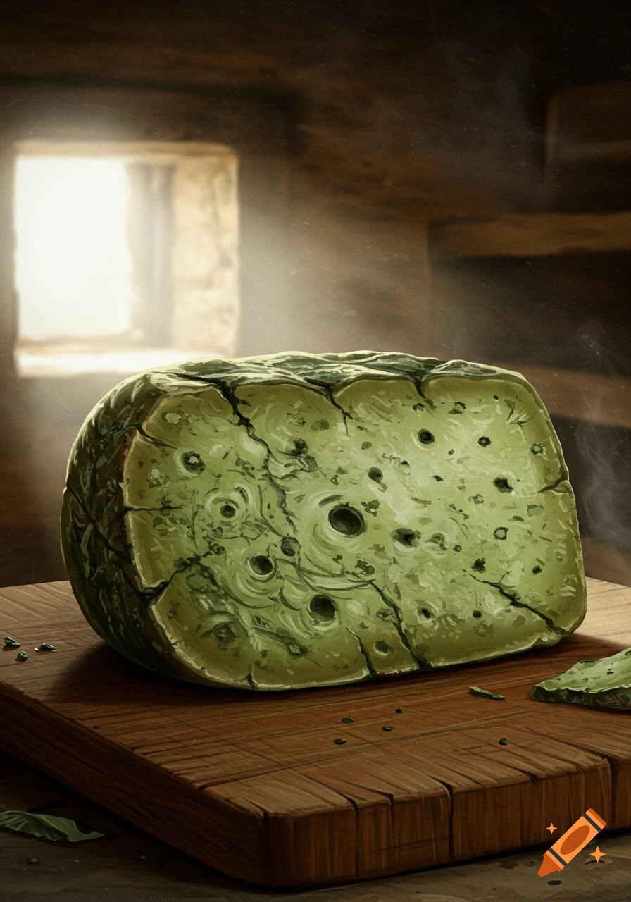 An illustration of a large, cracked block of old, green cheese with holes, sitting on a wooden cutting board in a rustic room with a bright window.
