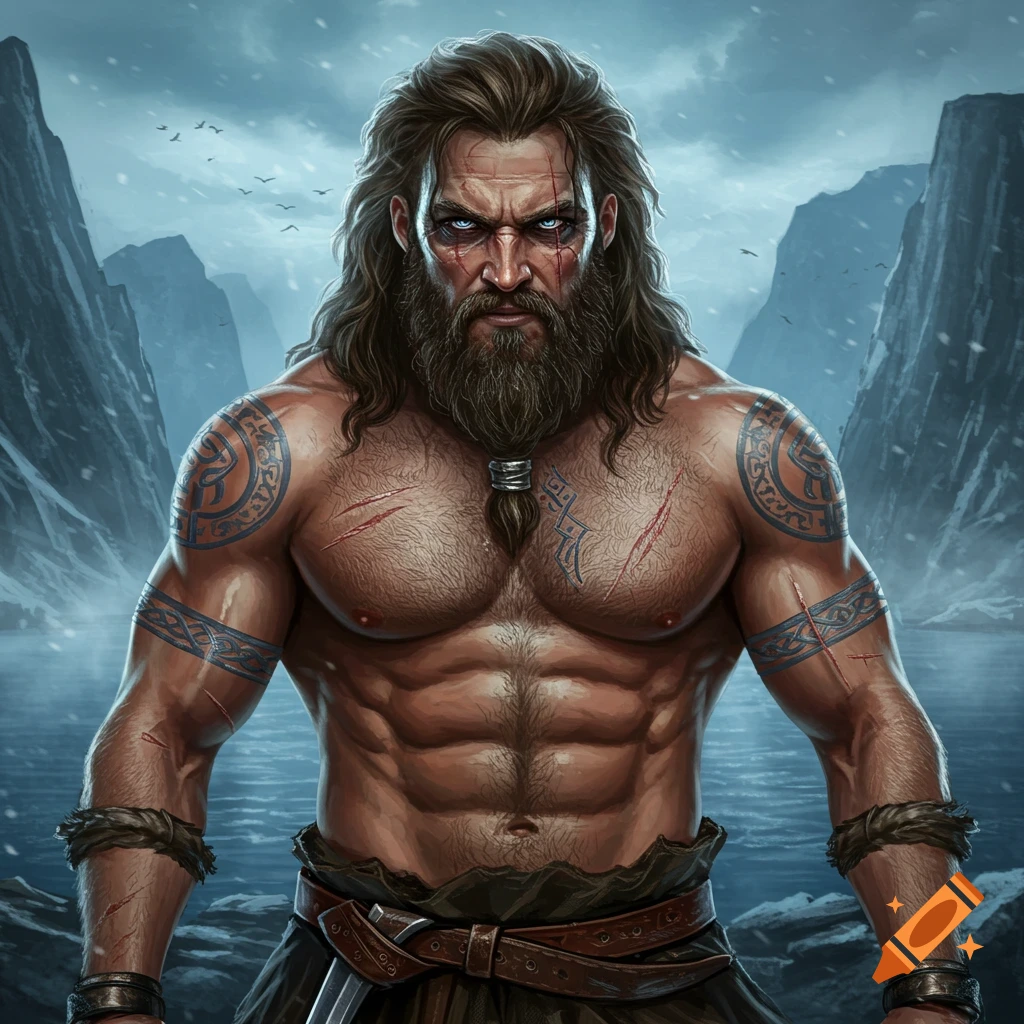 A muscular, scarred and tattooed viking warrior with long brown hair, beard, and glowing blue eyes, in a cold, mountainous landscape.