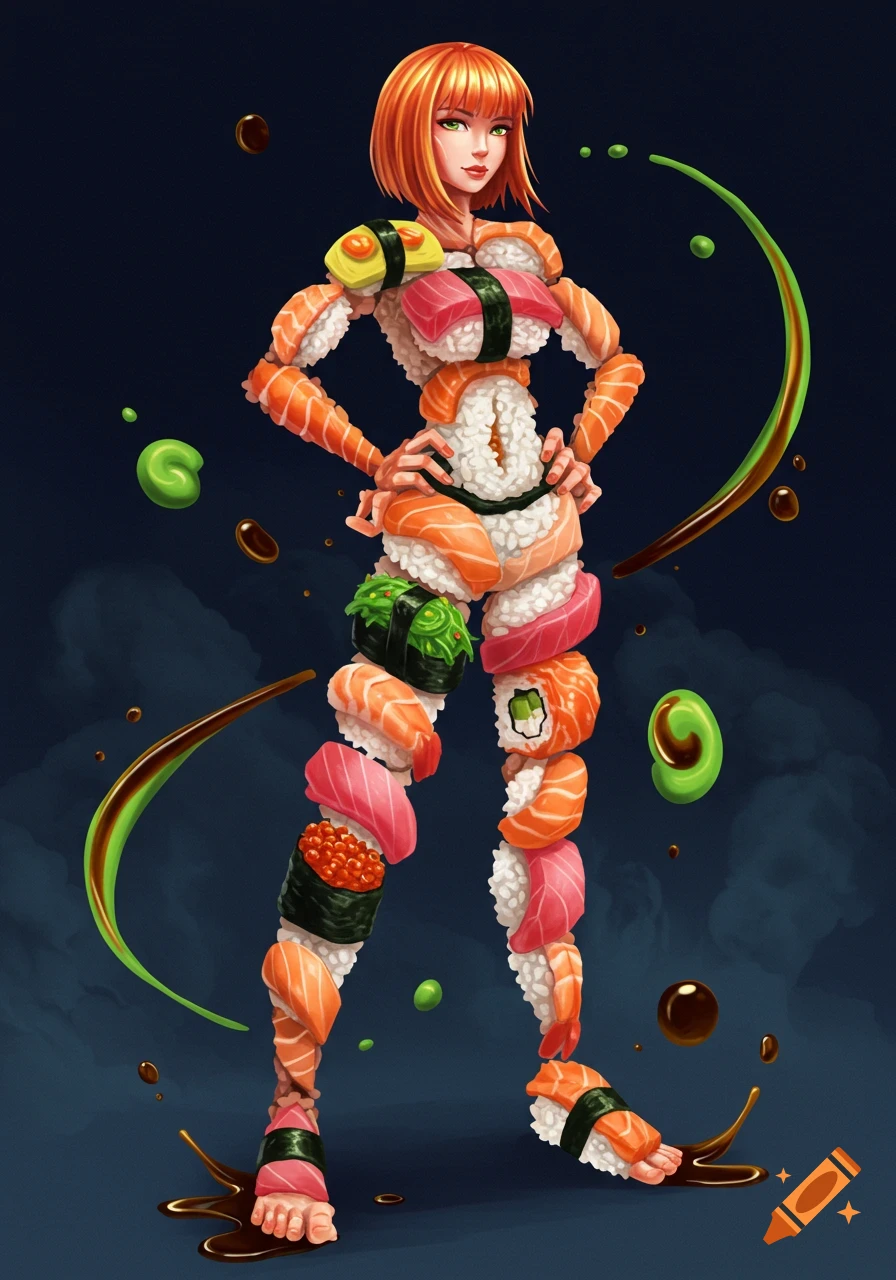 An artistic illustration of a woman's body made of sushi pieces, with orange hair, on a dark background with soy sauce and wasabi.