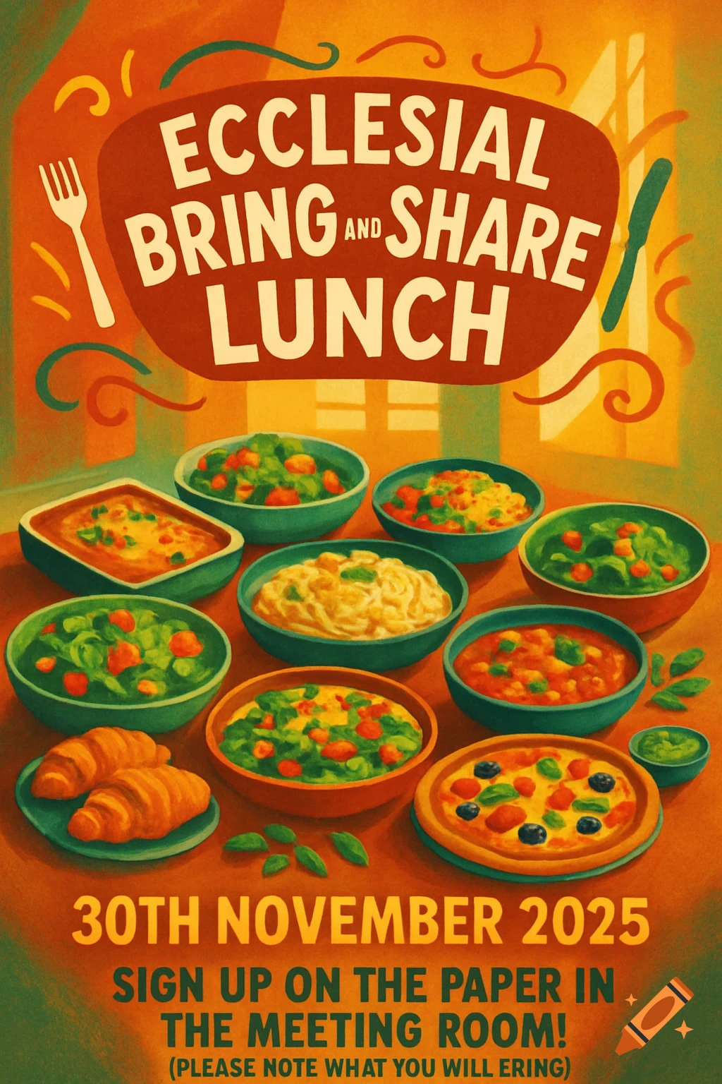A vibrant poster for an 'Ecclesial Bring and Share Lunch' event, featuring many bowls of various dishes like salads, pasta, and pizza, with event details.