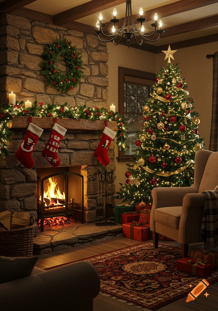 A cozy Christmas living room, photorealistic, featuring a lit fireplace with stockings, a decorated mantel, a luminous Christmas tree, and an armchair with gifts.