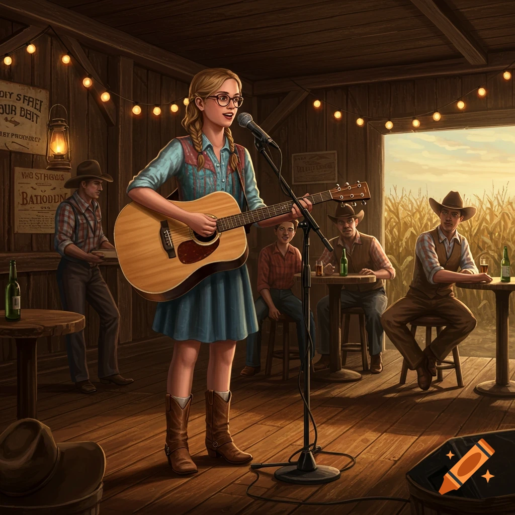 A young country singer with glasses performs with an acoustic guitar and microphone in a rustic barn, illuminated by string lights, as men watch from tables near an open doorway leading to a cornfield.
