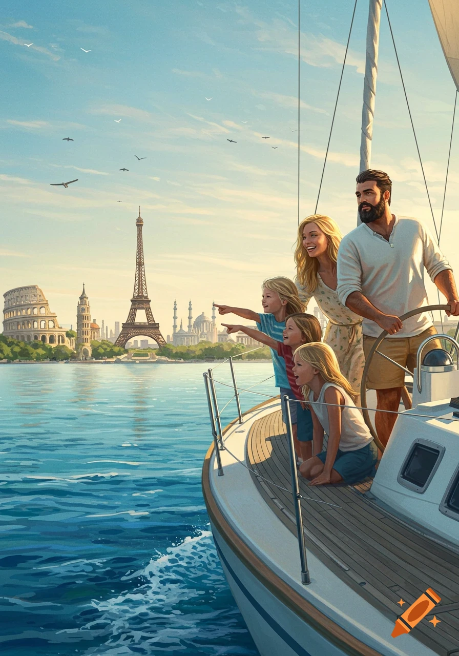 A family on a sailboat looks towards a coastline featuring the Eiffel Tower and Colosseum under a bright sky, in an illustrated style.