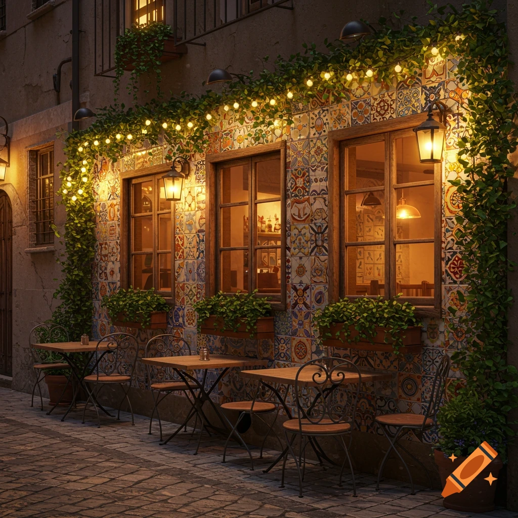 A charming outdoor restaurant at night, with a tiled wall, string lights, ivy, and empty tables on a cobblestone street.