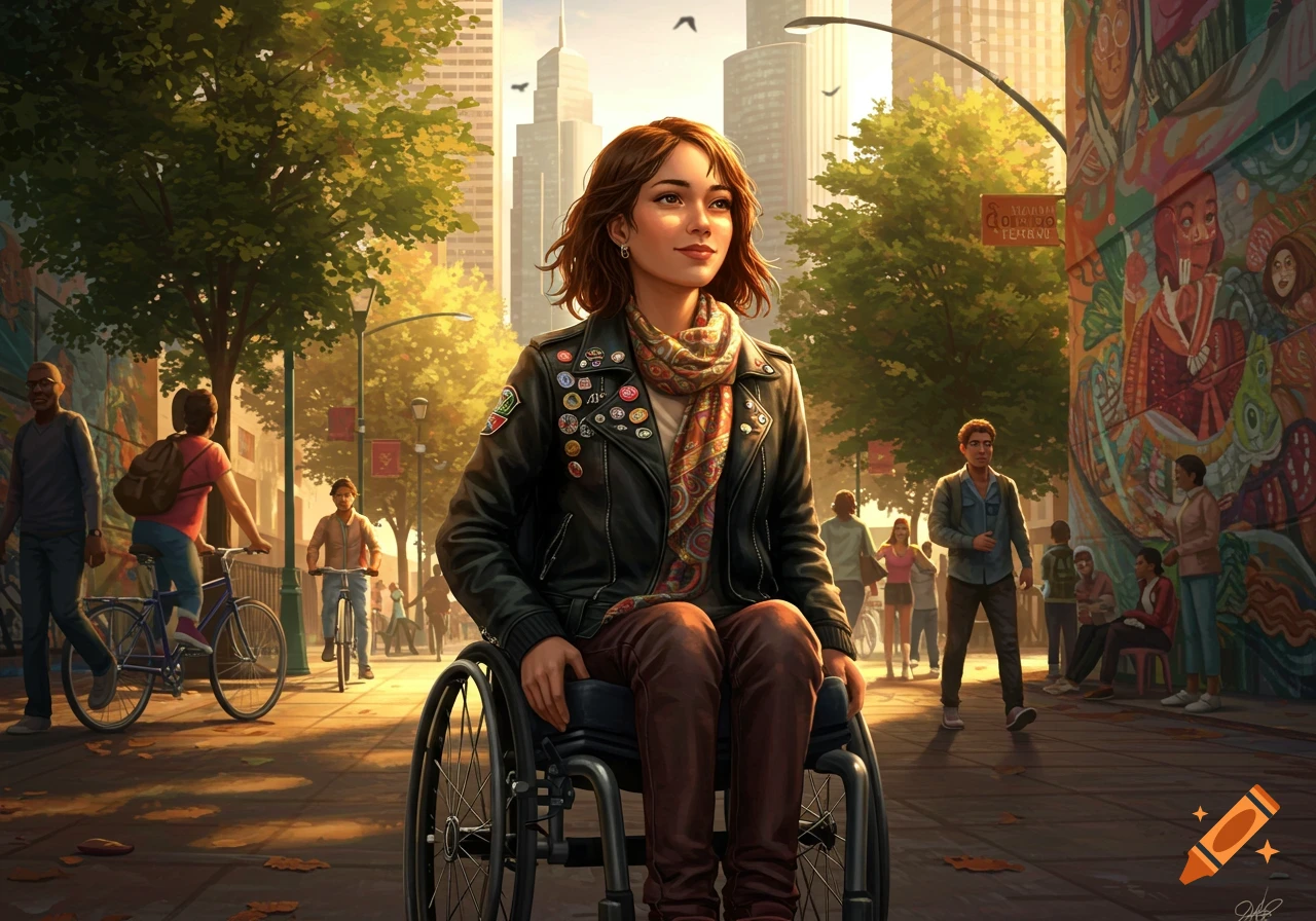 A young woman in a wheelchair on a sunny city street with a colorful mural and buildings in the background.