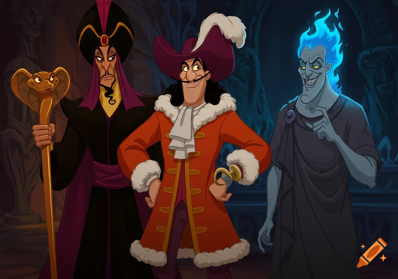 Jafar, Captain Hook, and Hades stand together in a stylized cartoon image. Jafar holds a cobra staff; Hook wears an orange coat; Hades has blue flame hair.