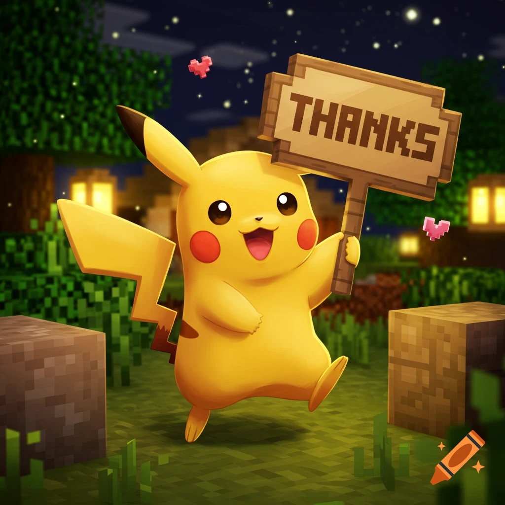 Minecraft Pichachu A happy Pikachu in a pixelated Minecraft world, holding a wooden sign ...