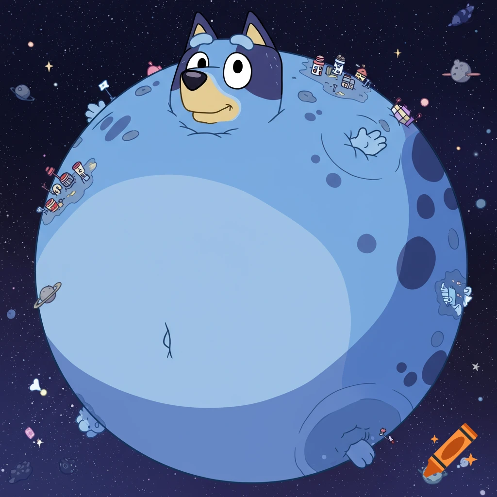Cartoon Bluey inflated as a blue planet with tiny houses and craters on its surface, floating in a star-filled space.