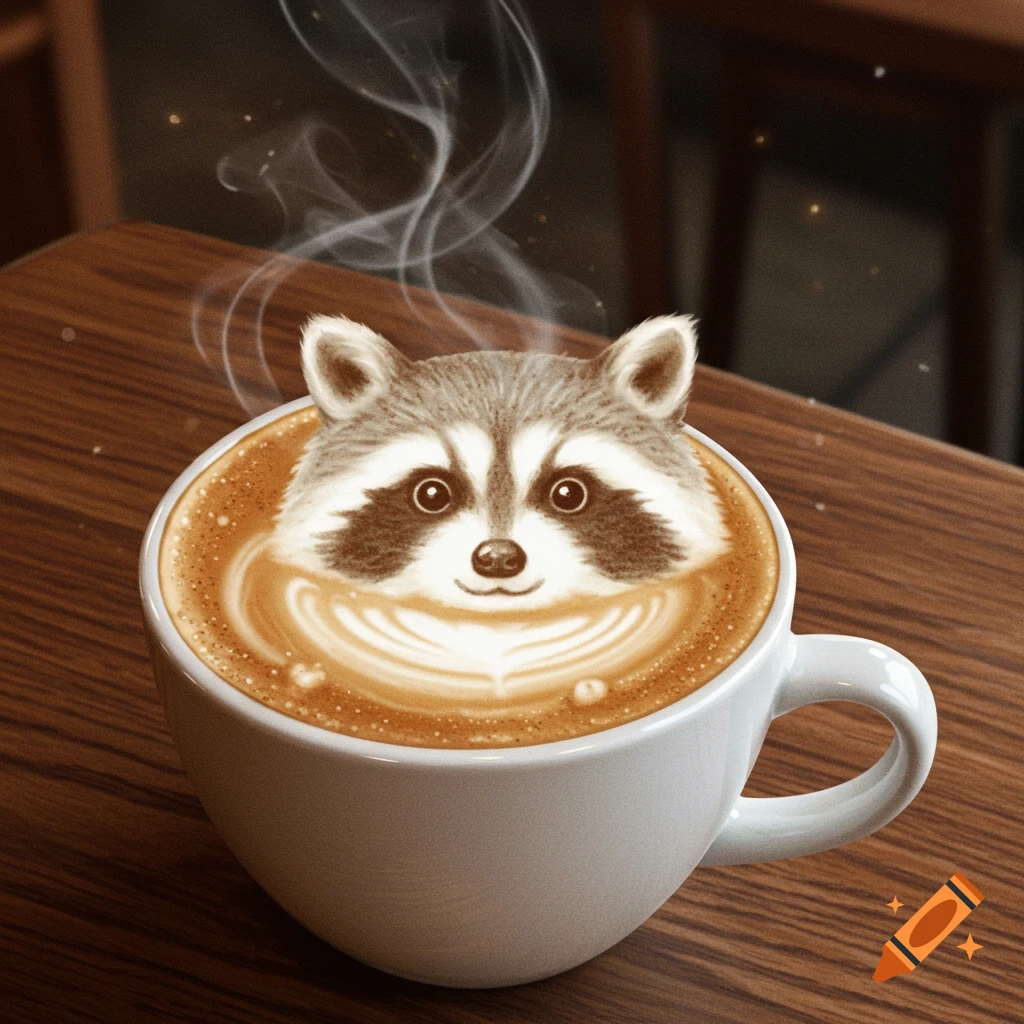 A white coffee cup on a wooden table contains a latte with steam rising, featuring cute raccoon face latte art and rosetta patterns.