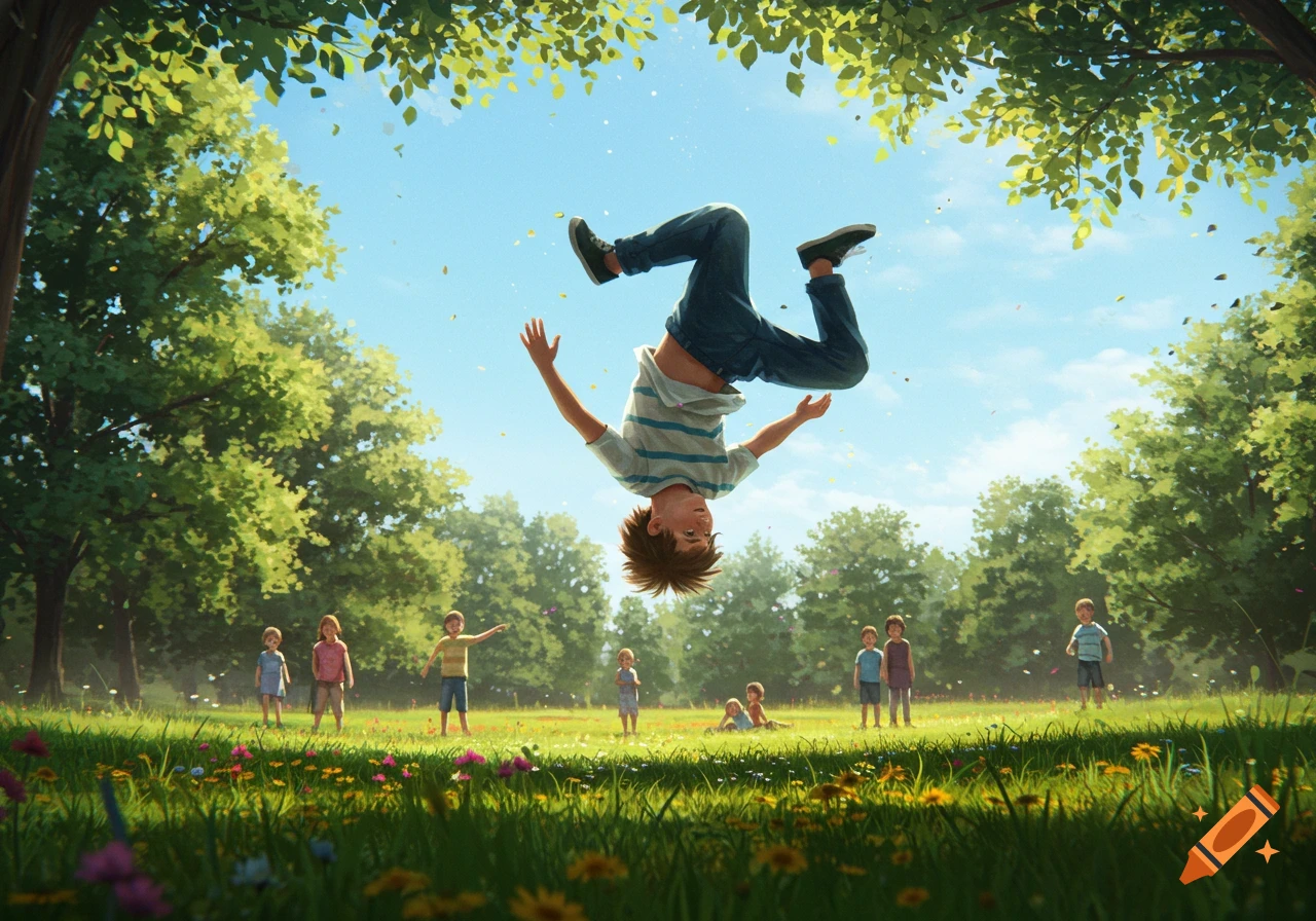 An illustrated scene of a boy doing a backflip in a vibrant, sunny park, with other children playing in the background.