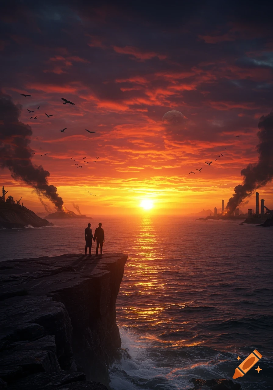 A couple stands on a cliff overlooking a sea with a fiery red sunset, distant smoking ruins, and a moon in the sky.