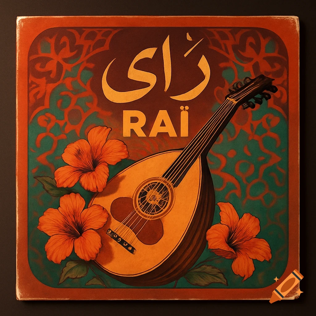 A stylized album cover featuring an oud, orange hibiscus flowers, and the word 'RAÏ' in Arabic and Latin script on a patterned background.