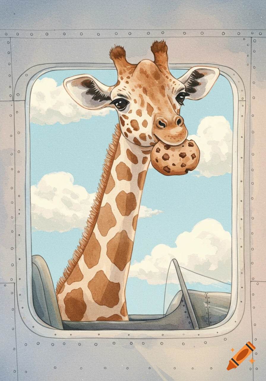 A watercolor illustration of a giraffe in an airplane window, holding a chocolate chip cookie in its mouth, with clouds outside.