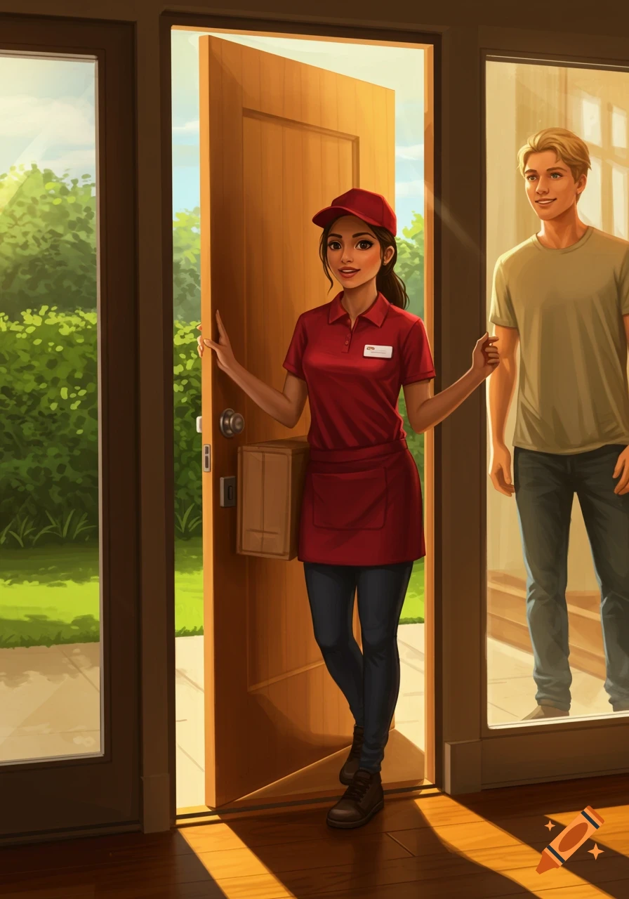 A delivery person in a red uniform hands a package to a blonde man at a sunlit doorway.