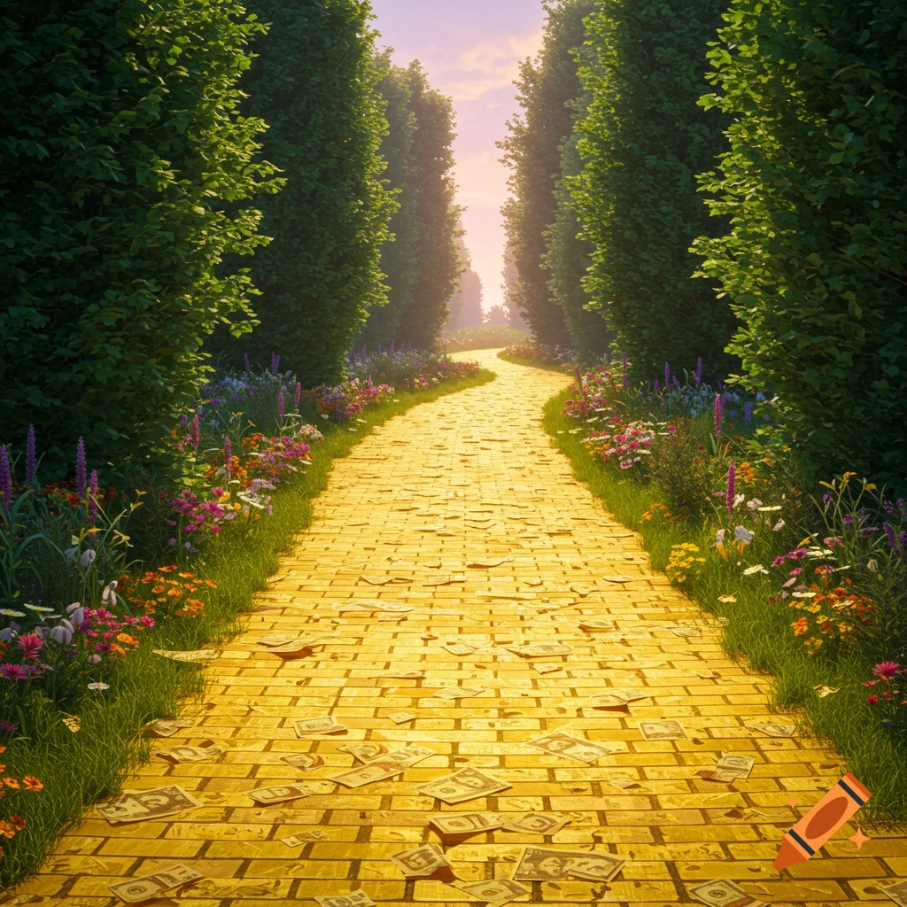 A vibrant yellow brick road, lined with lush green hedges and colorful wildflowers, stretches into the distance under a warm sky. US dollar bills are scattered across the golden path.