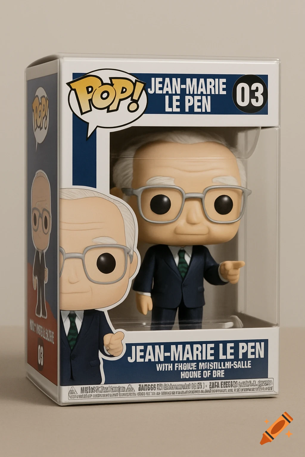 A Funko Pop figure of Jean-Marie Le Pen with gray hair, glasses, and a suit, inside its clear plastic and cardboard display box.
