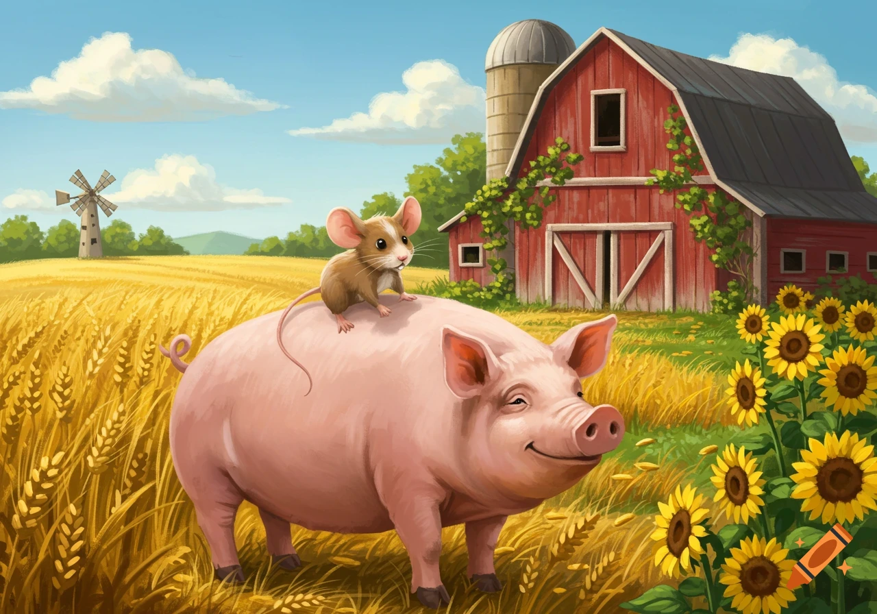 An illustration of a small brown mouse riding on the back of a large pink pig in a sunny farm field with a red barn, silo, and sunflowers.