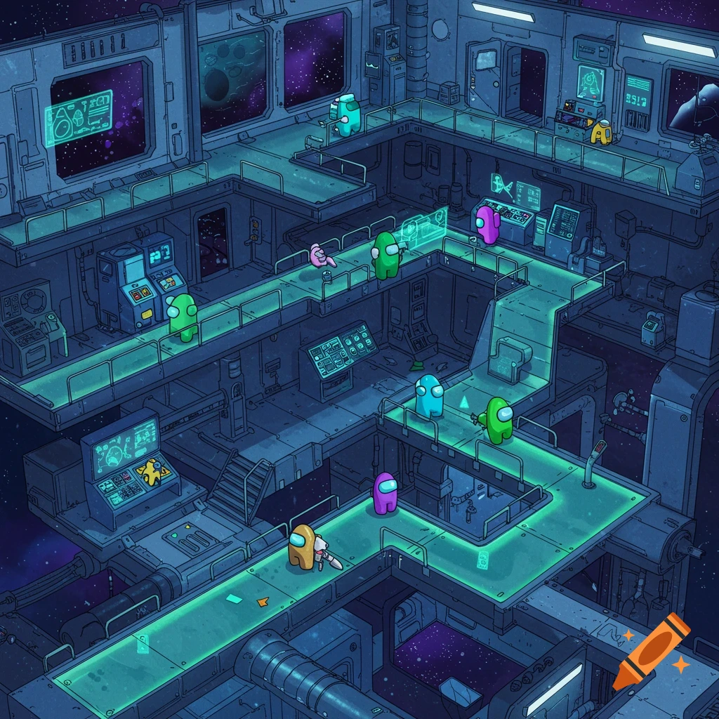 An isometric view of a futuristic spaceship interior, resembling an Among Us map, with various colorful crewmates navigating glowing pathways and interacting with consoles. Stars and a planet are visible through windows.