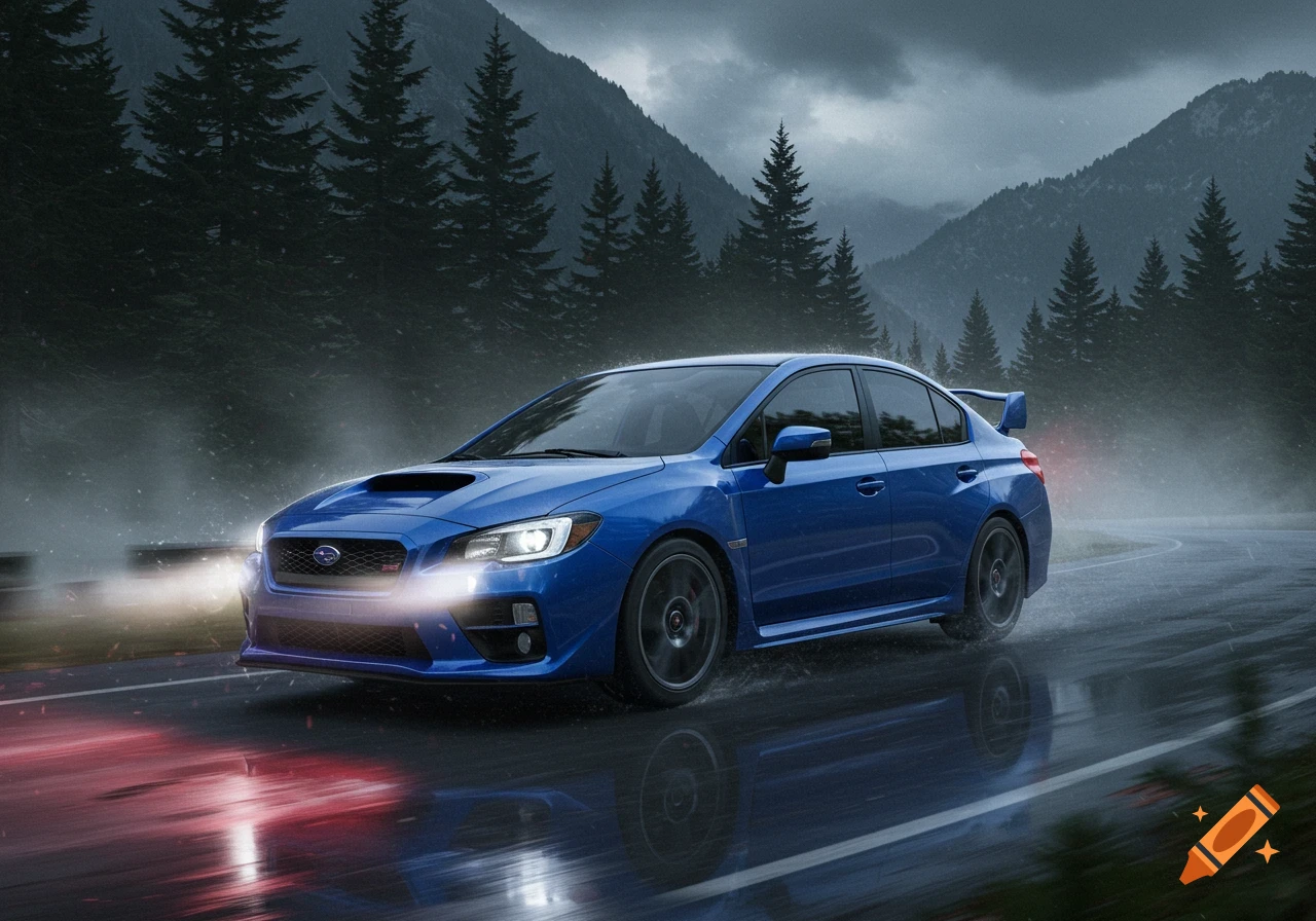 A blue Subaru WRX sports car drives on a wet, winding mountain road with pine trees under a cloudy sky.