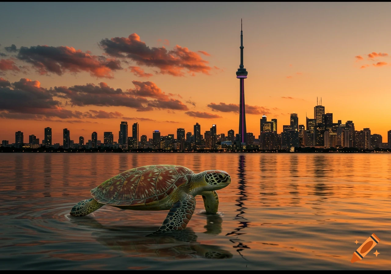 A photorealistic image of a sea turtle wading in water with the Toronto skyline and CN Tower at sunset.