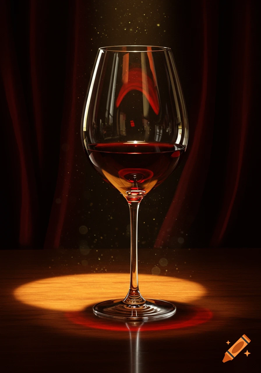 A photorealistic wine glass filled with red wine, spotlit on a wooden table with red curtains behind it.