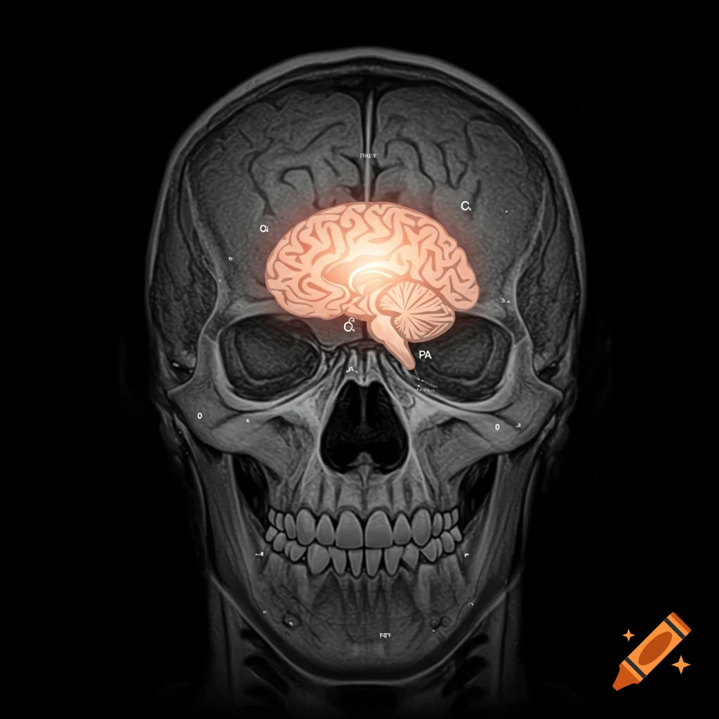 Frontal MRI scan of a human skull on a black background, featuring a small, glowing, peach-colored brain highlighted within the cranium.