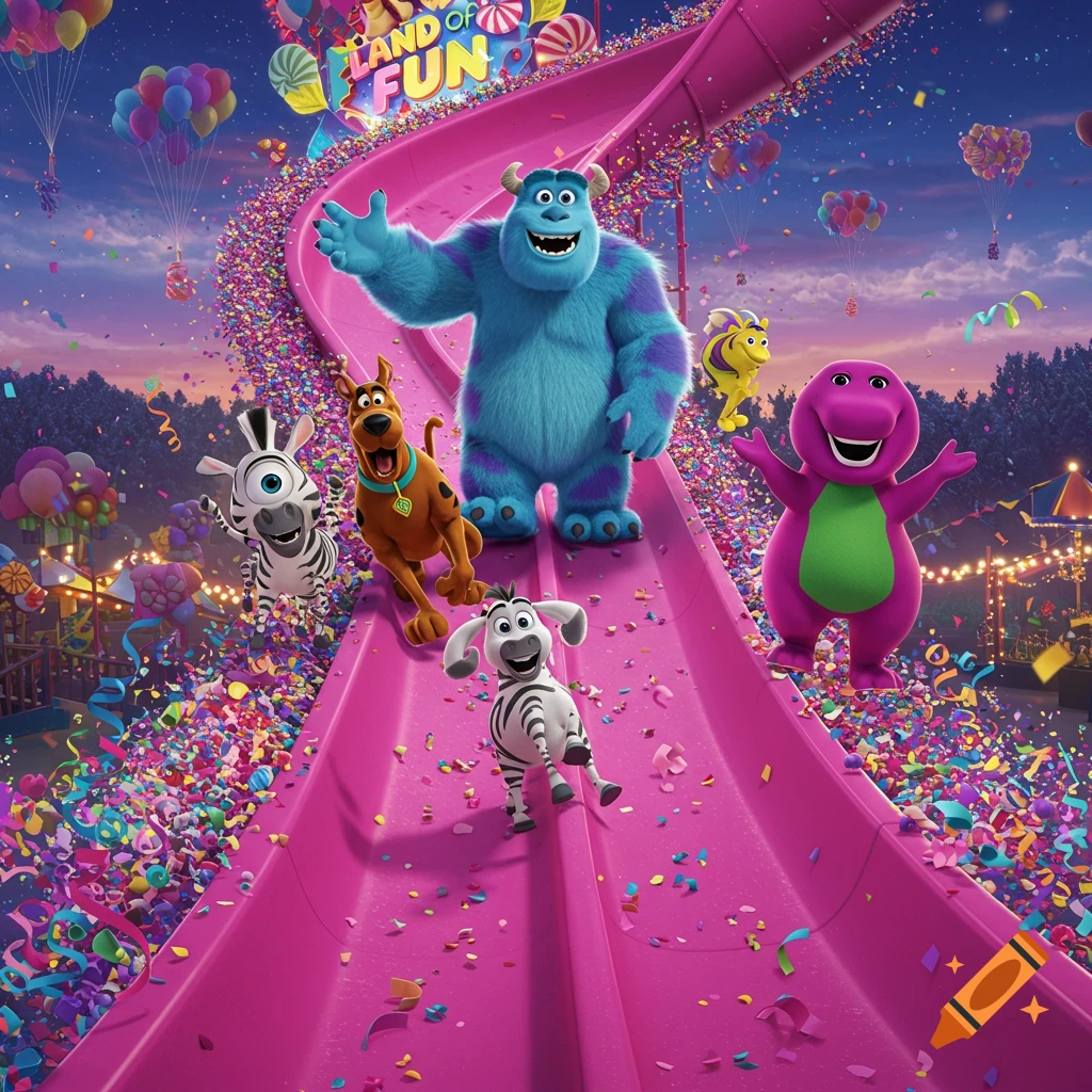 Cartoon characters Sully, Scooby Doo, Barney, and two zebras slide down a magenta confetti-covered slide in an amusement park.