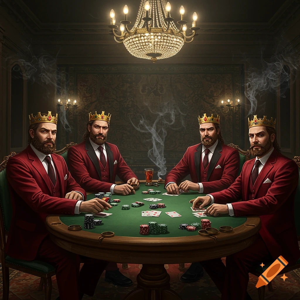 Four regal kings with beards and golden crowns, dressed in red suits, playing poker at a green table under a grand chandelier, with smoke rising in the background.